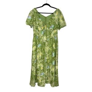 Yasong Women’s XXL Eyelash Textured Midi Dress Green Floral Butterfly NEW